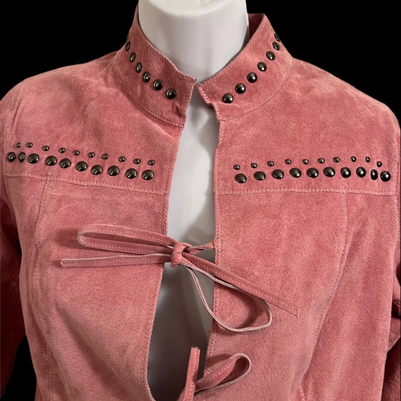 CHI by FALCHI PINK STUDDED LEATHER BLAZER WITH BELL SLEEVES AND TIE FRONT - Picture 7 of 13